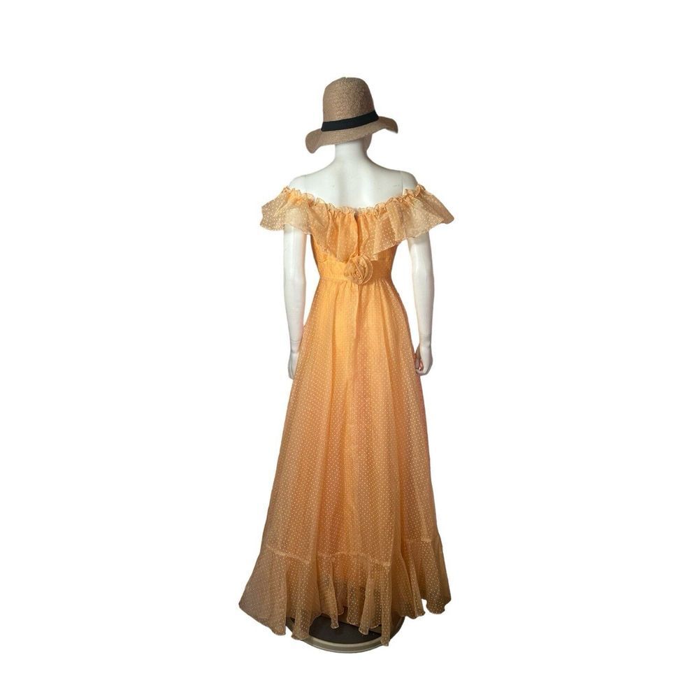 Vtg 1960s Orange Polka Dot Chiffon Ruffle Maxi Prairie Dress sz 10‎ - Picture 9 of 11